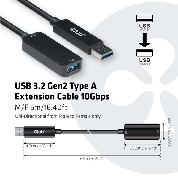 Club 3D USB 3.2 Gen2 Type A Extension Cable -jatkokaapeli, 10Gbps, 5m